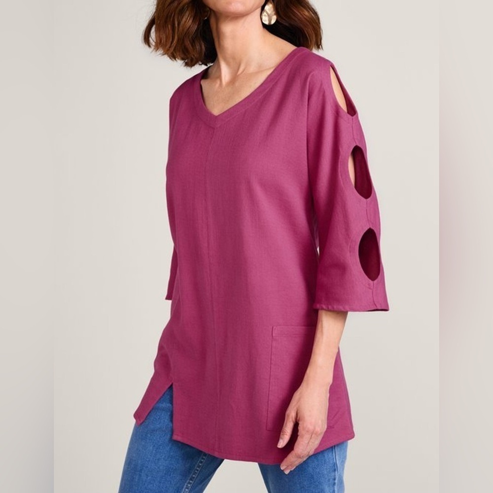 Soft Surroundings Cotton Top Cut Out Sleeves Size PM Pink Front Slit Blouse
